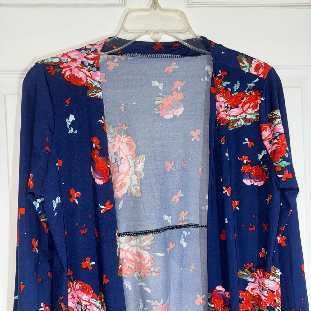 Navy Blue Floral Open Front Long Sleeve Cardigan - Picture 6 of 14